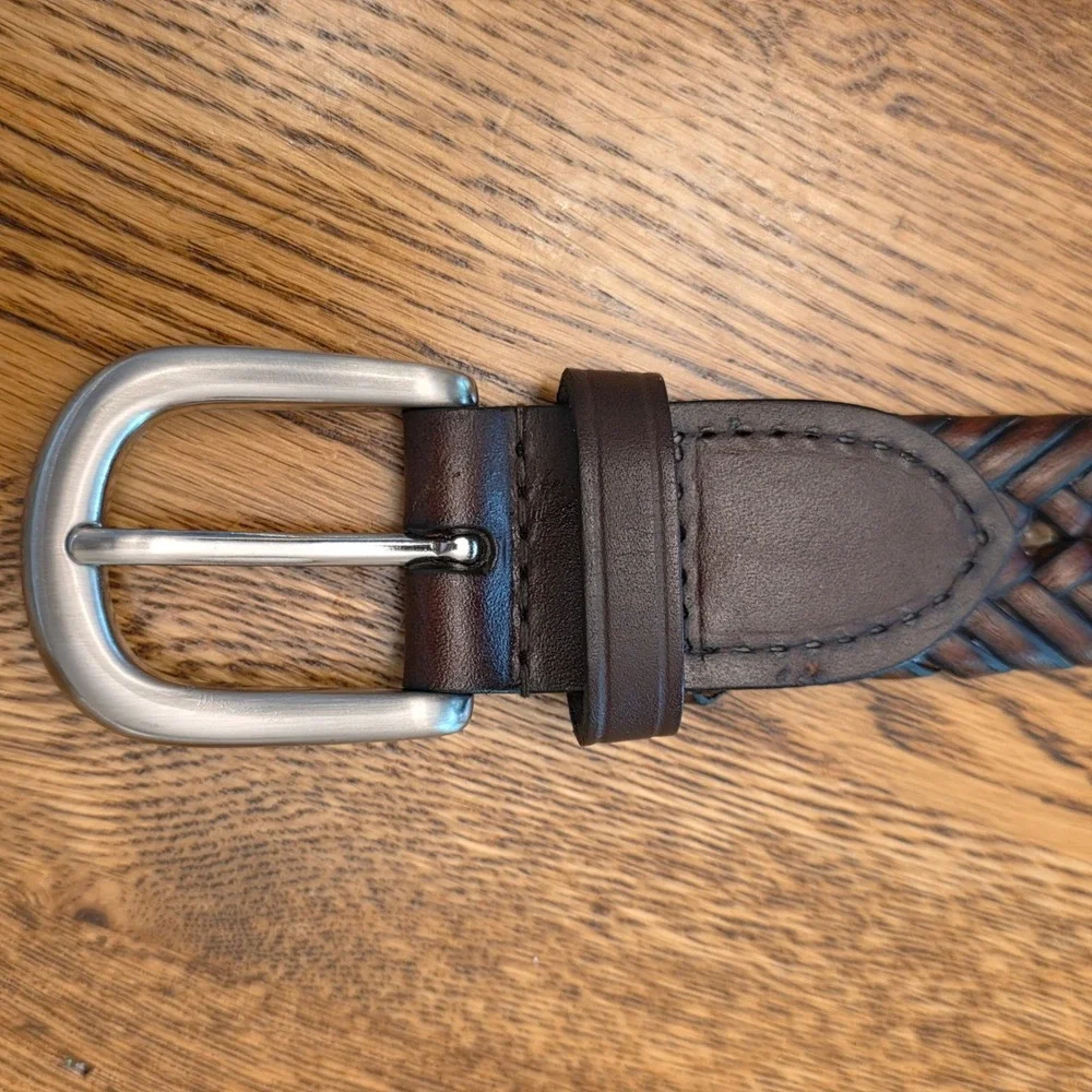 Mens Size 44 Adjustable Brown Genuine Leather Braided Woven Belt Silver Buckle